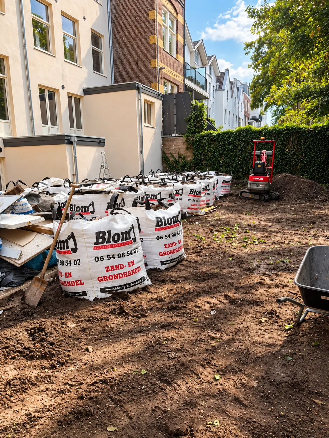 Afgegraven buitenruimte met minigraver en bigbags zand bij Hotel Satori Amsterdam