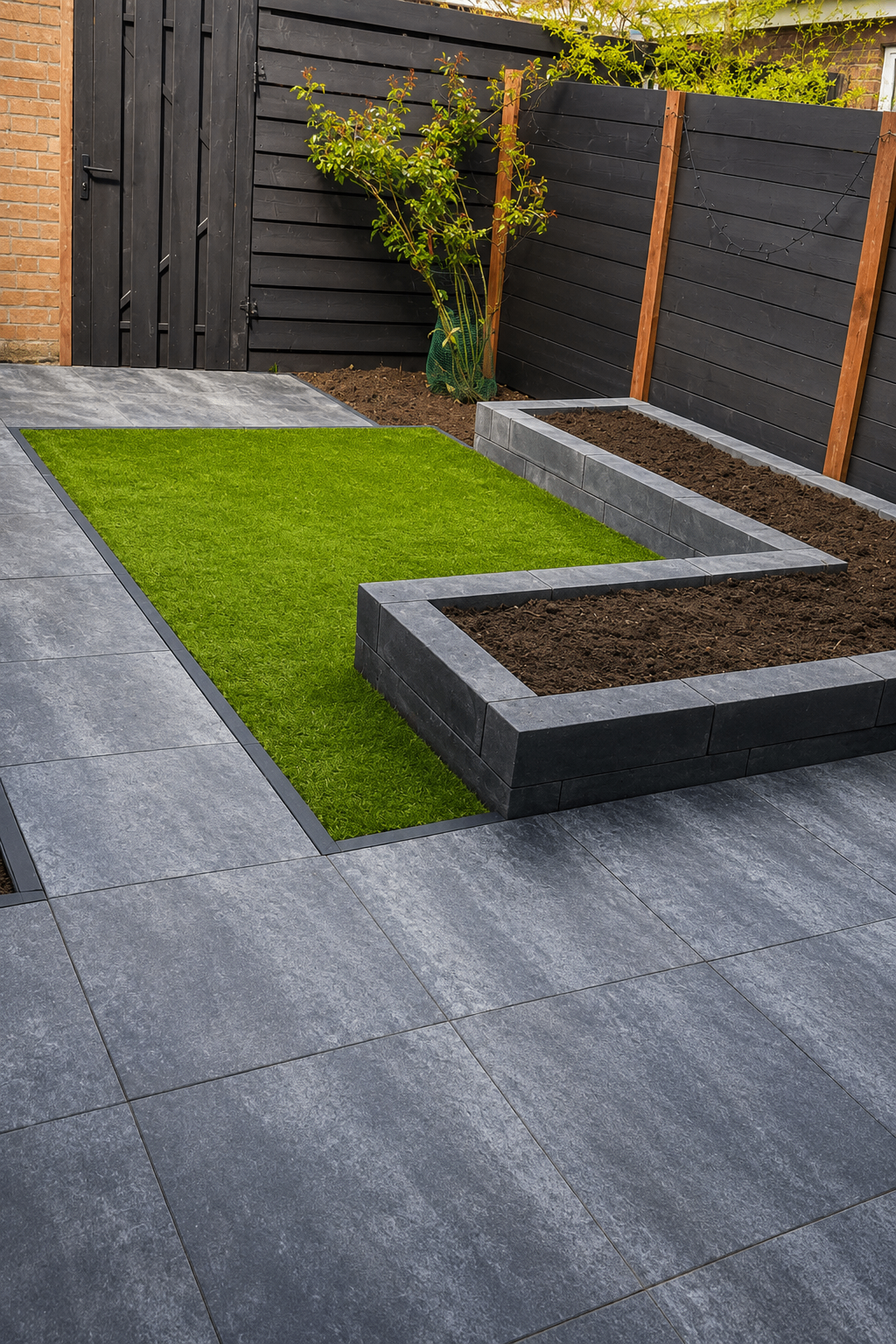 Achtertuin met keramische tegels & plantenbakken — project A.C. Kortland Utrecht